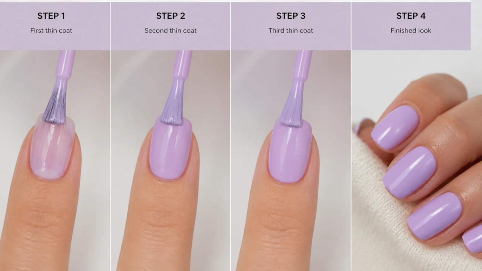 Layering thin coats of light purple gel to build an even pastel color