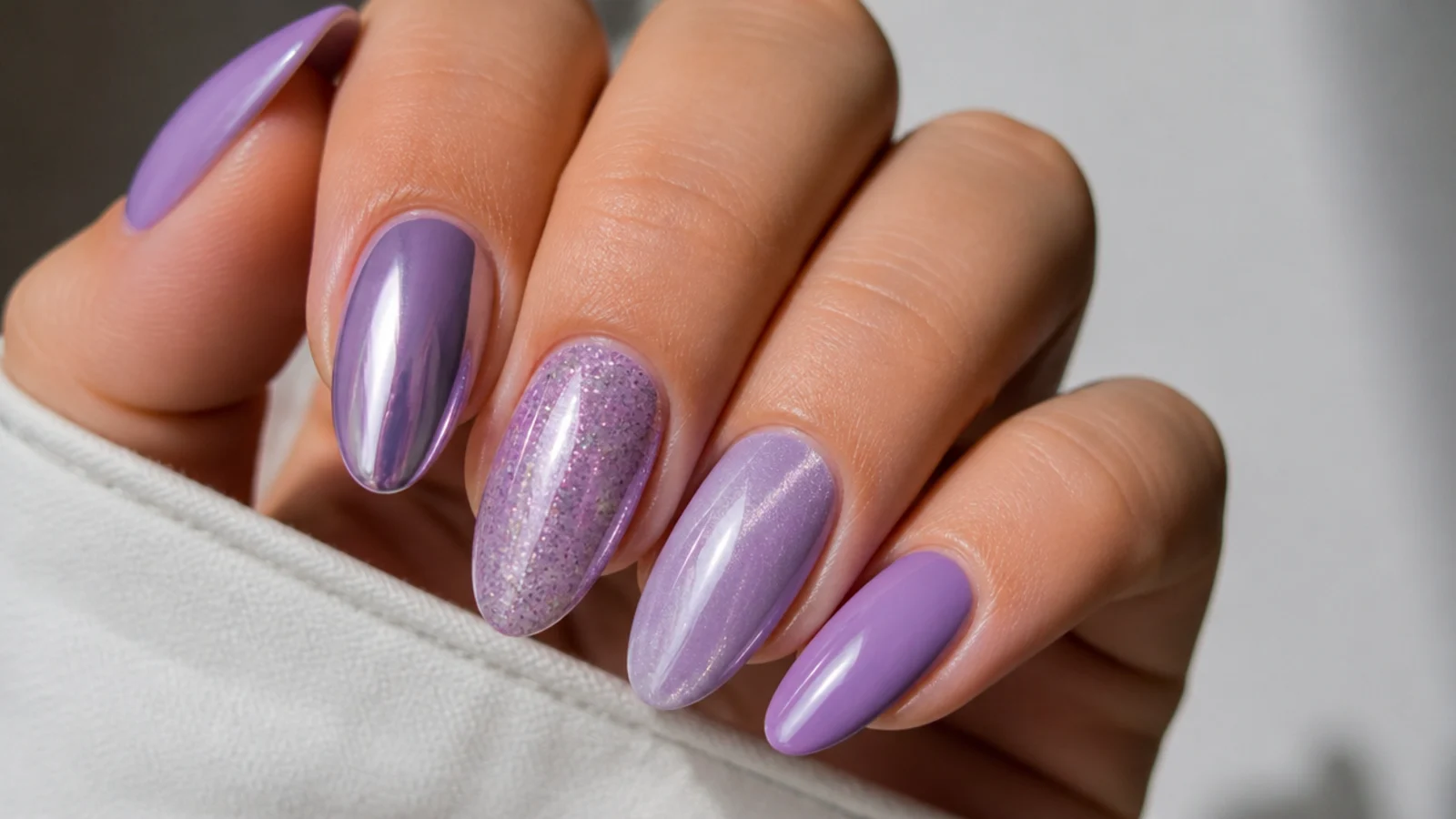 Light purple nails shown in chrome, glitter, cat-eye and almond finishes