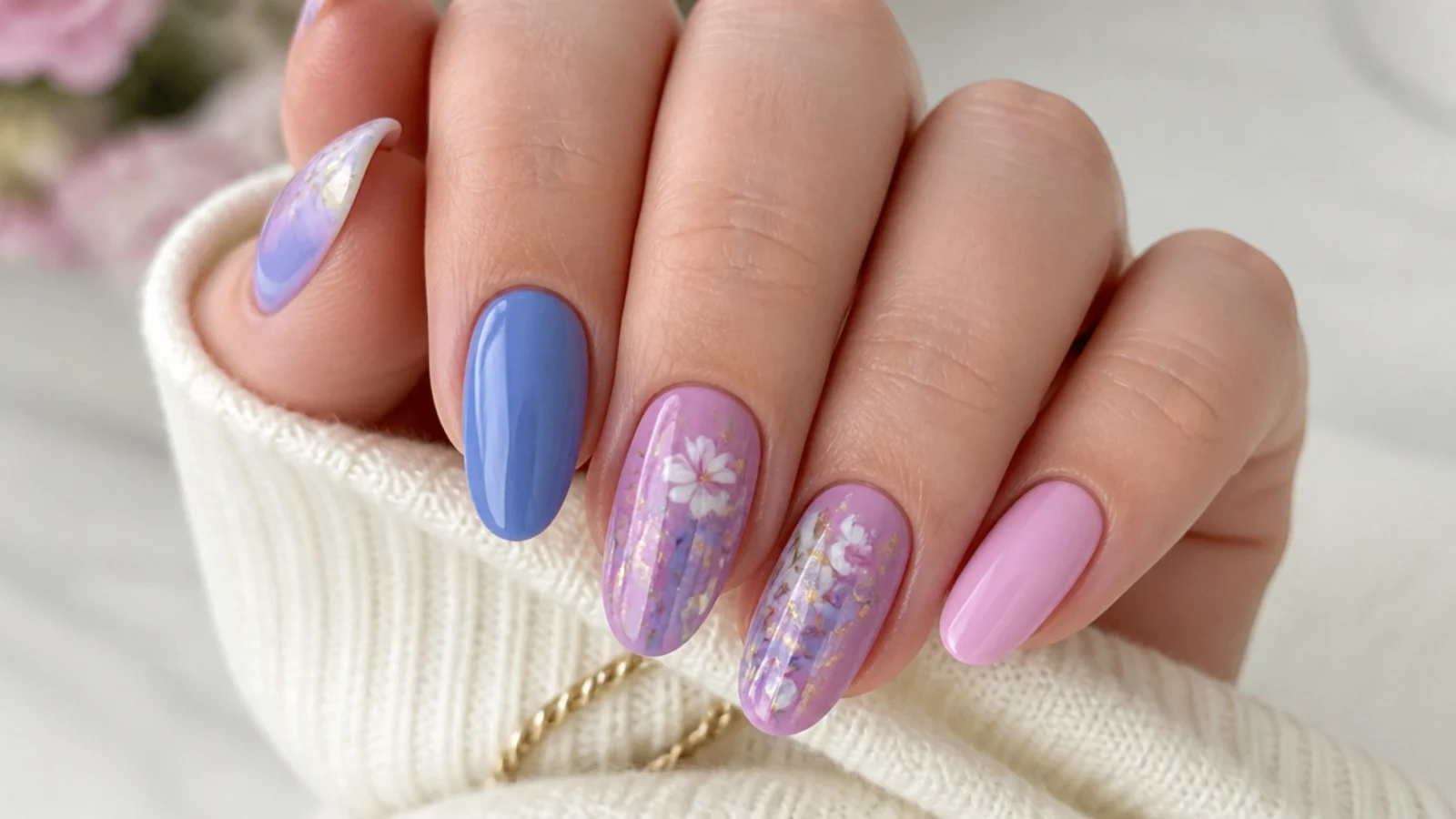 Light purple nail swatches paired with blue, pink, white, silver and gold