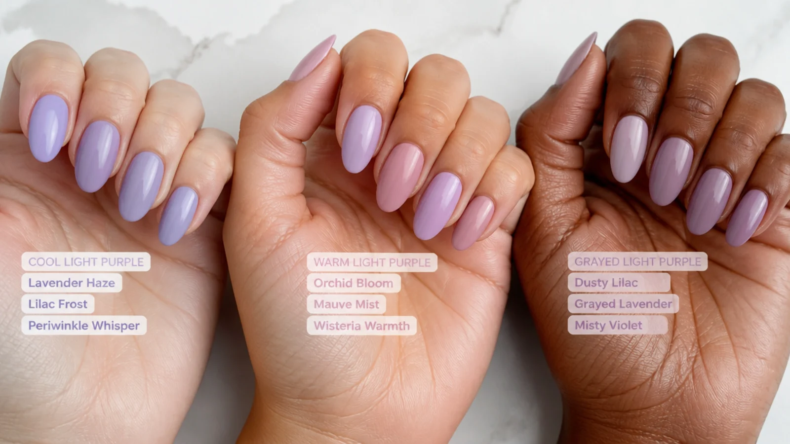 Cool, warm and grayed light purple swatches against different skin tones
