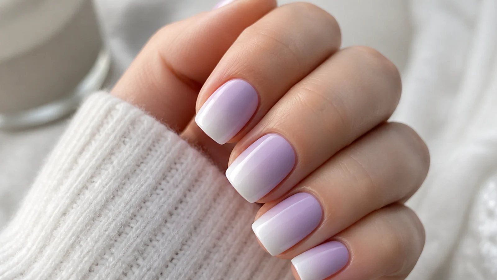 Short squoval nails with a soft lilac to white ombre fade