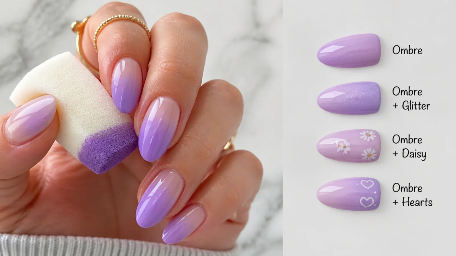 Sponge blending a lilac gel ombre with swatch comparisons on nails