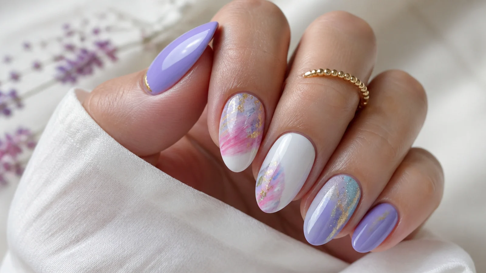 Light purple nails paired with white, pink, blue, silver and gold swatches
