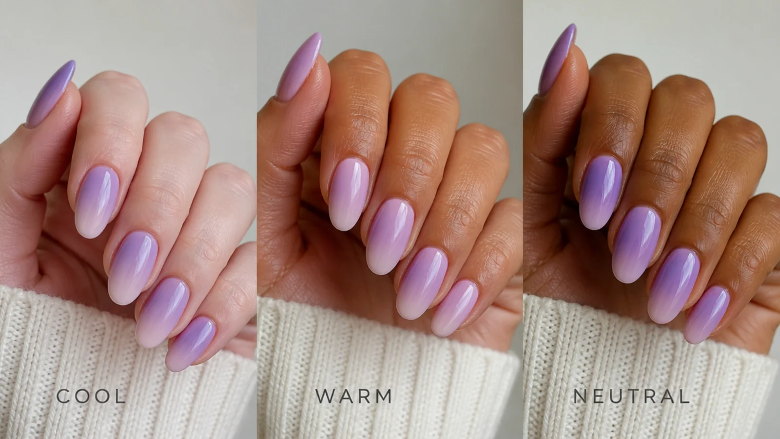 Three light purple ombre swatches for cool, warm and neutral skin tones