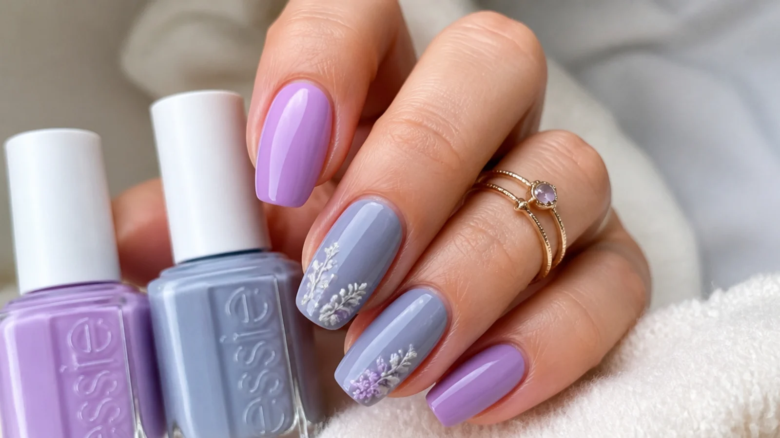 Light purple lilac swatch beside a cooler gray-blue lavender swatch