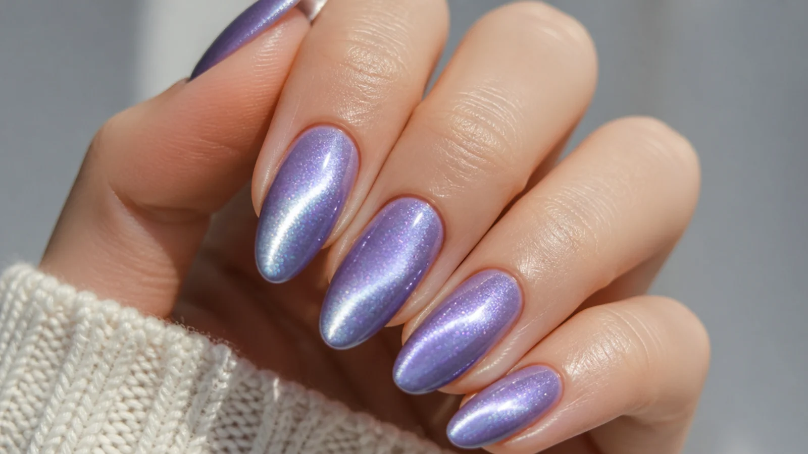 Lavender cat-eye nails with a bright magnetic shimmer stripe