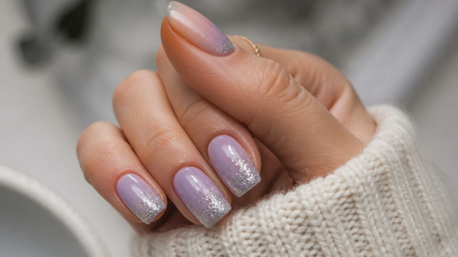 Light purple nails fading into silver glitter at the tips