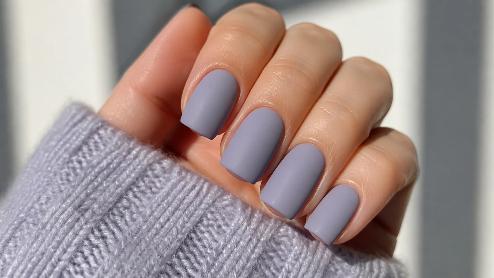 Muted grayed lilac nails with a soft matte finish on squoval nails