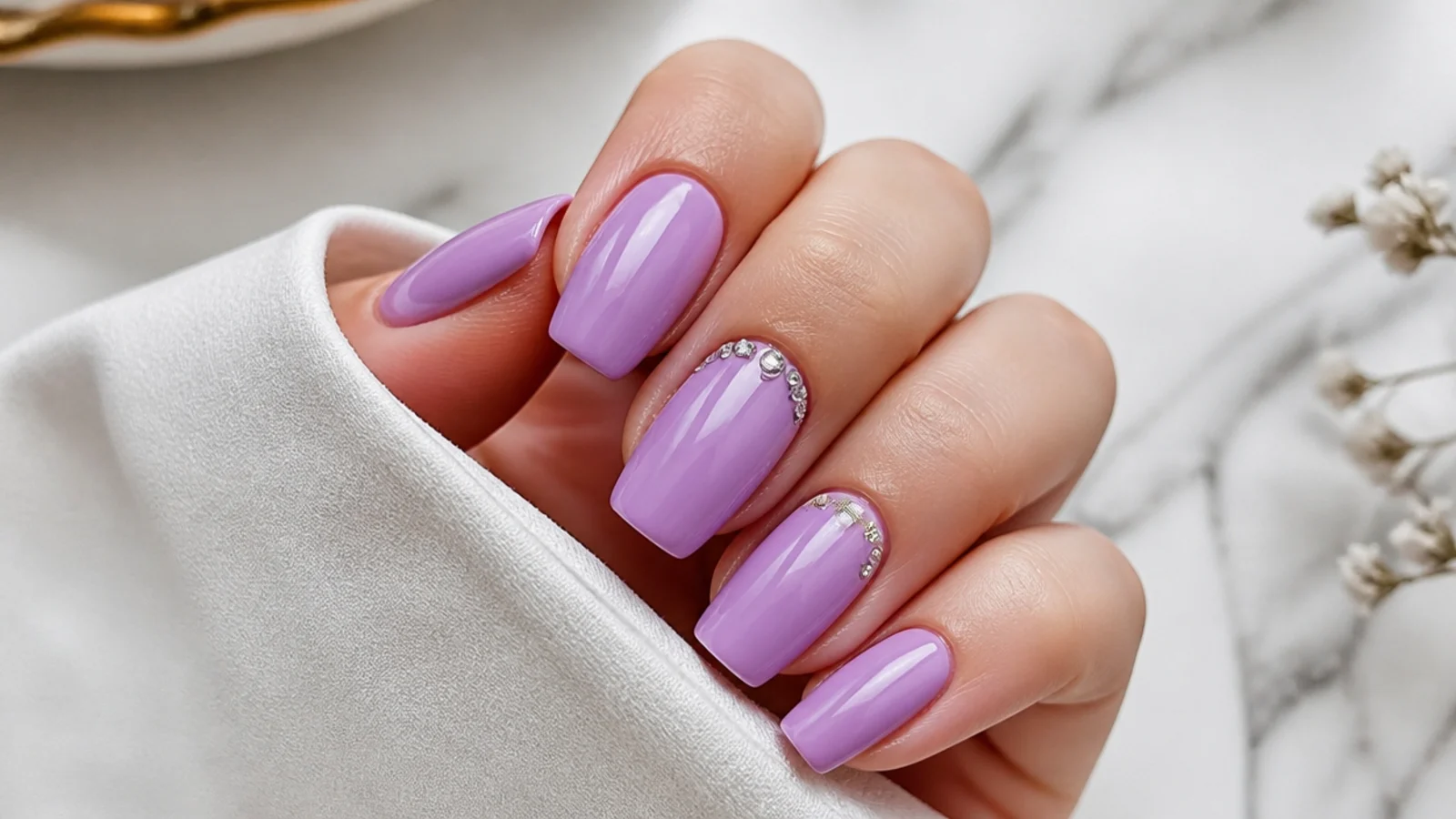 Cool true-lilac prom nails with a clean glossy finish on fair hands