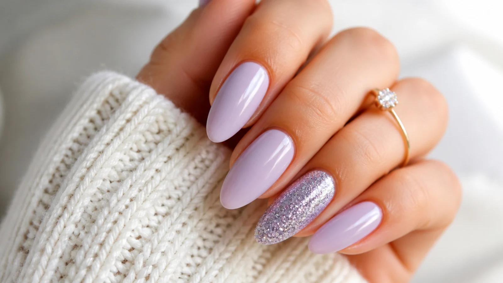 Milky lavender nails with one full glitter accent nail in silver-purple