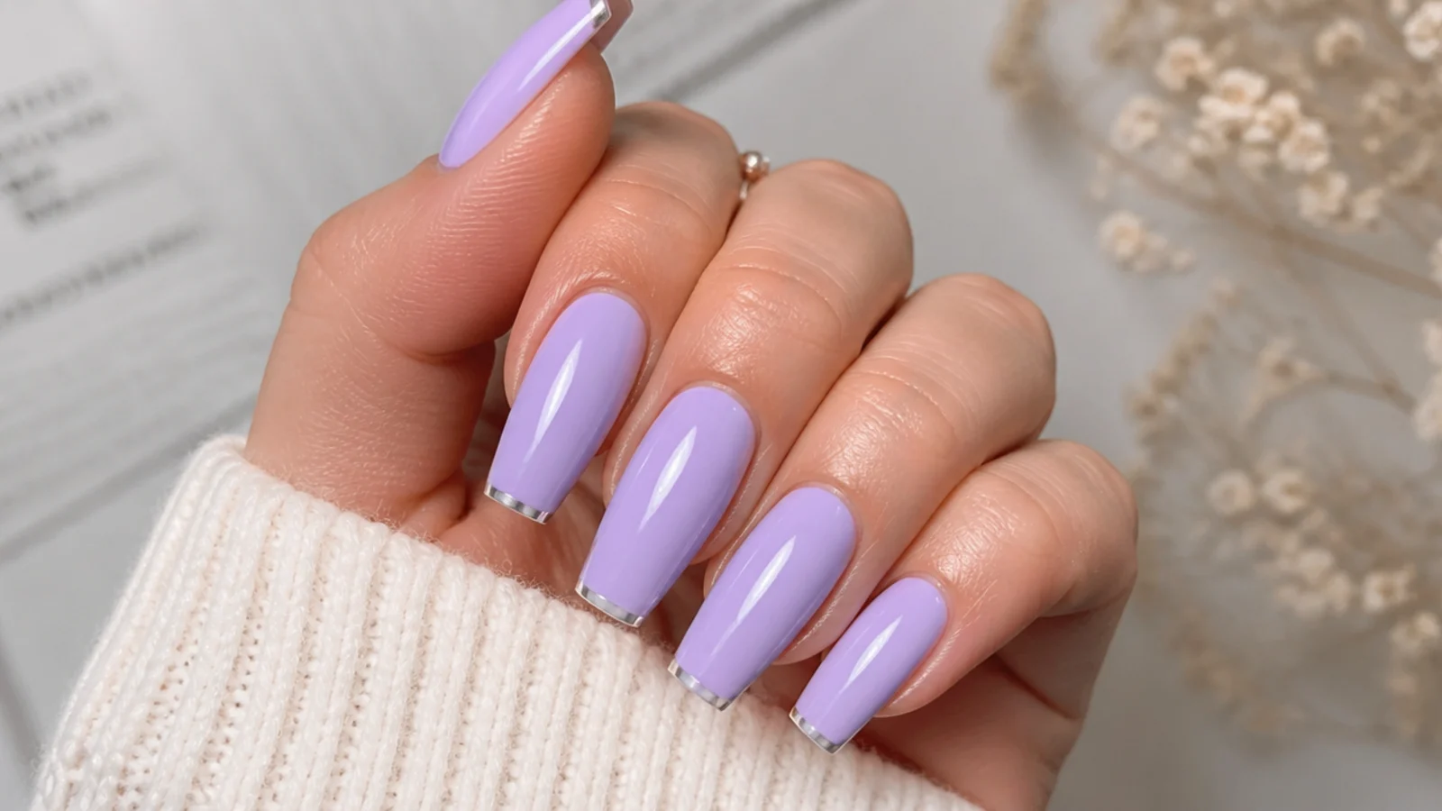 Light purple nails with thin metallic silver tip lines on coffin nails