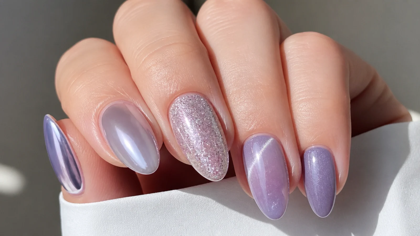 Light purple nails in chrome, milky, glitter, ombre and cat-eye finishes on almond shapes