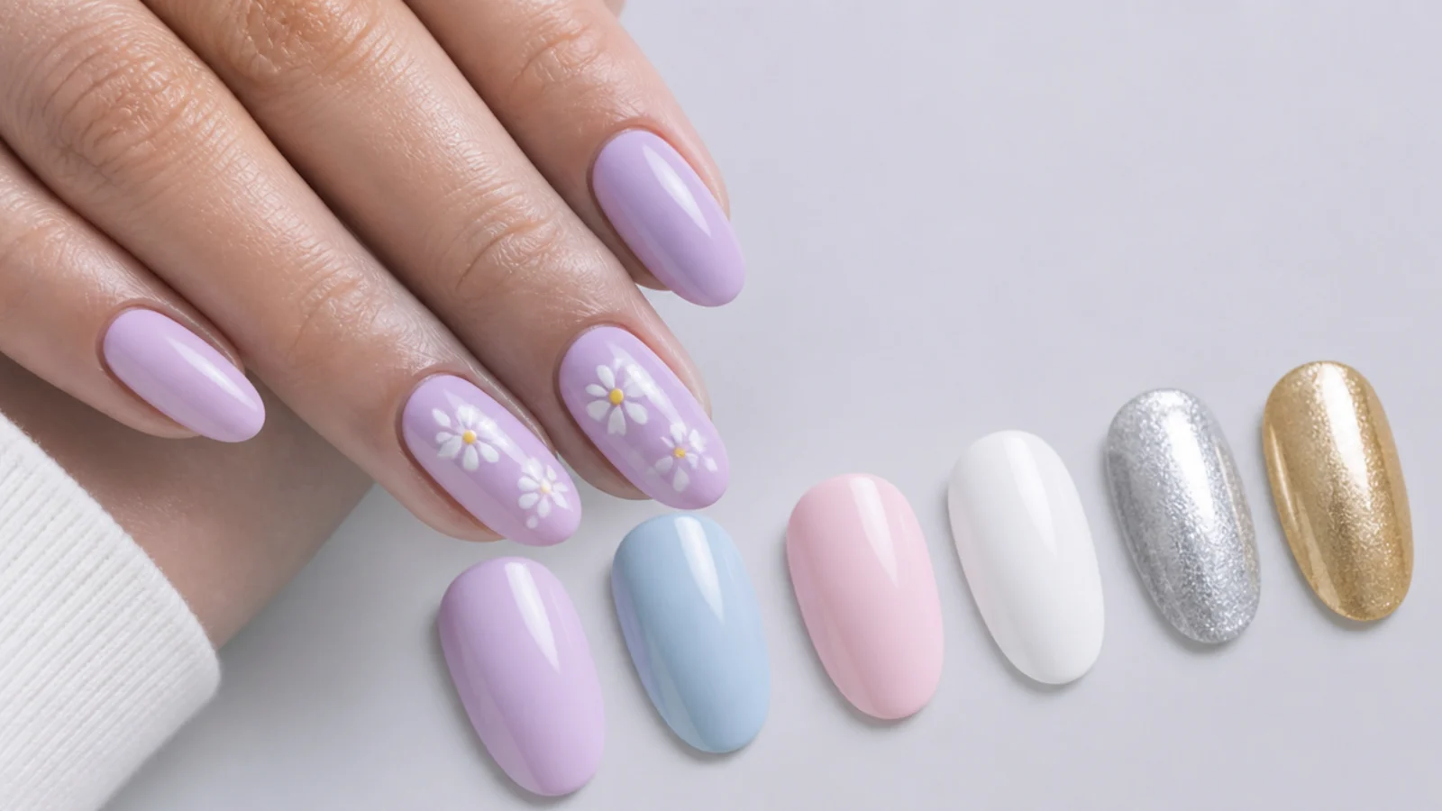Light purple nails shown beside light blue, soft pink, white, silver and gold swatches
