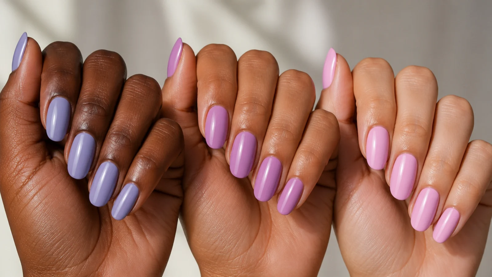Three light purple swatches from cool lilac to warm pink-lilac on different skin tones