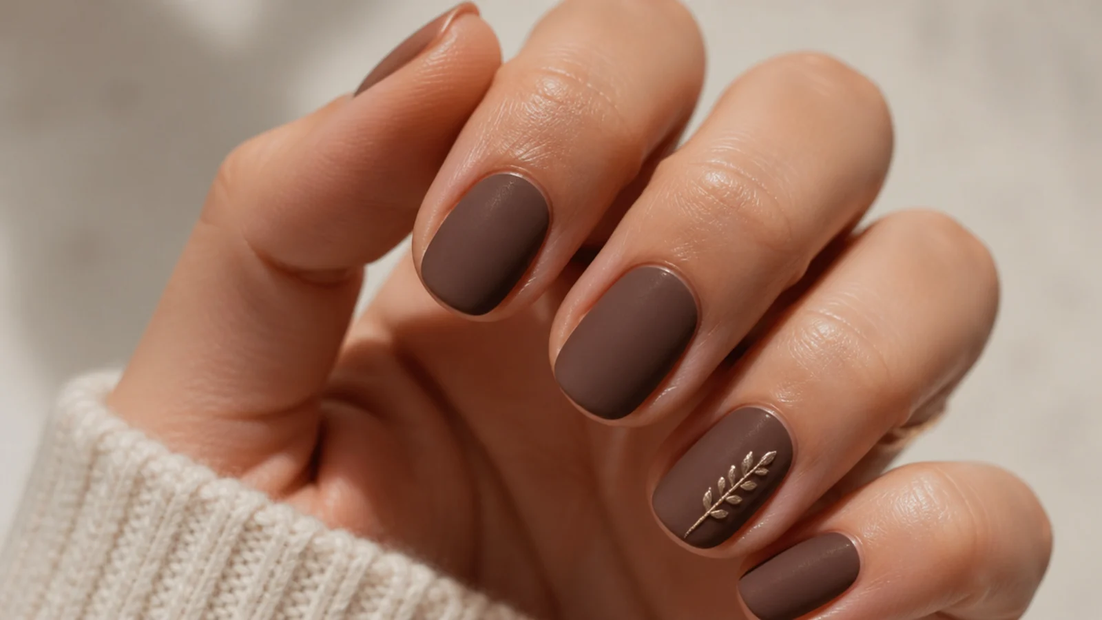 Warm matte mocha brown nails on a short squoval shape