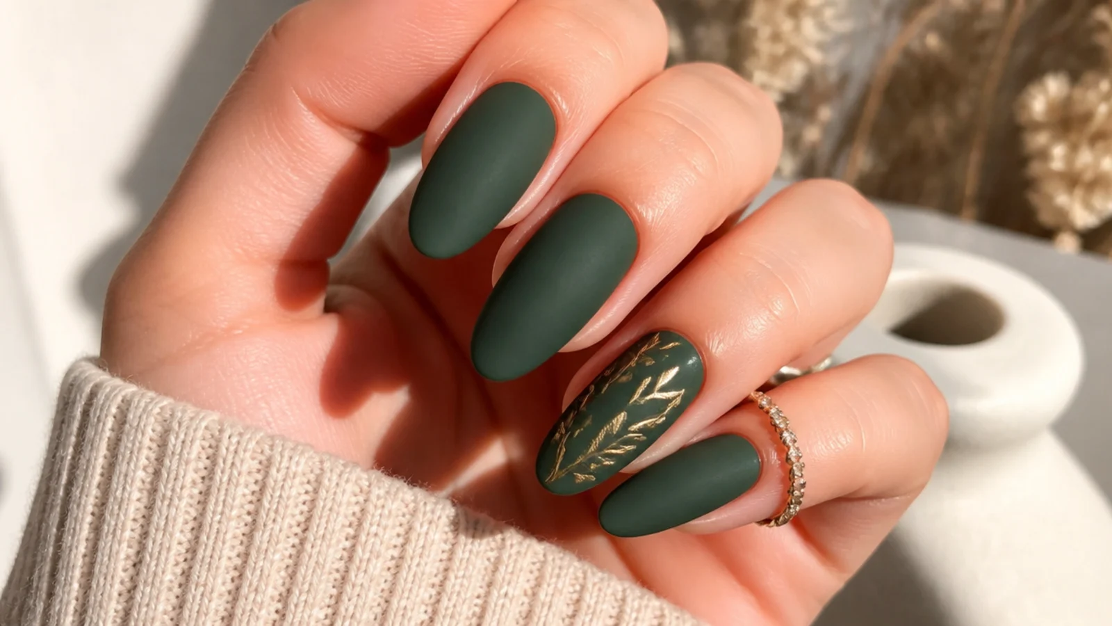 Deep matte forest green nails on an almond shape