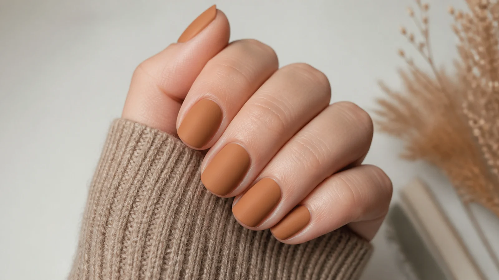 Warm matte caramel nude nails on a short round shape