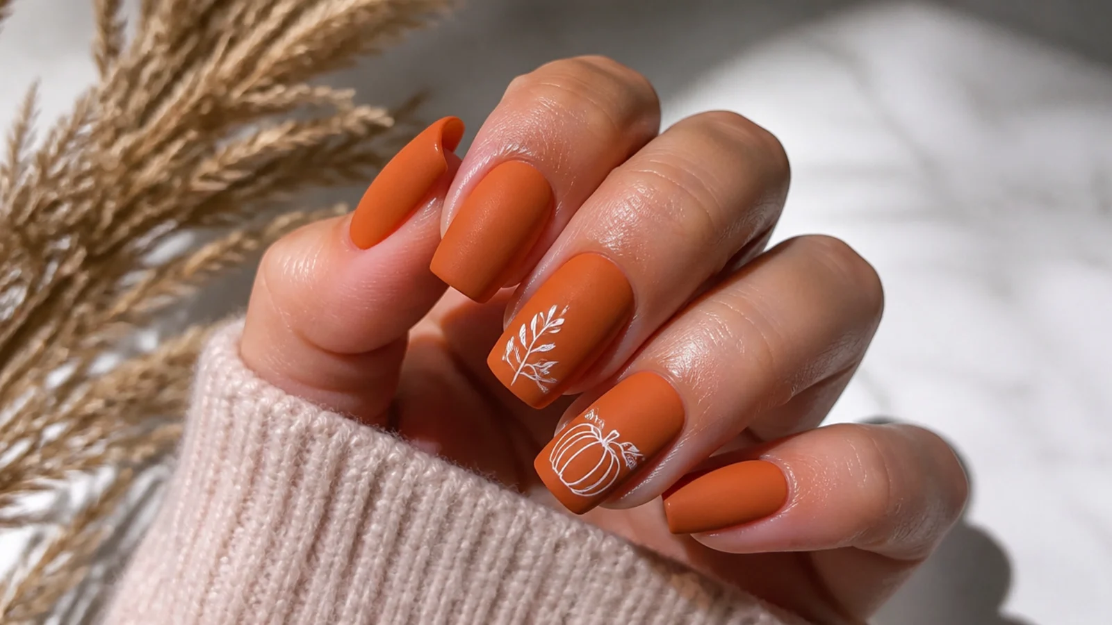 Warm matte terracotta pumpkin nails on a squoval shape