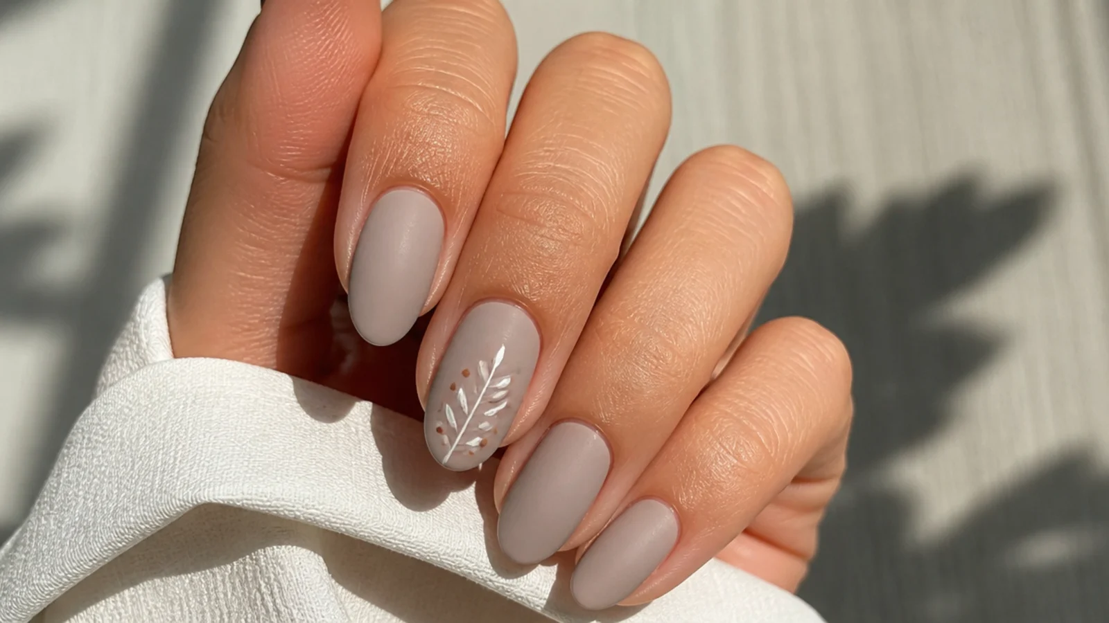 Muted matte taupe greige nails on an oval shape