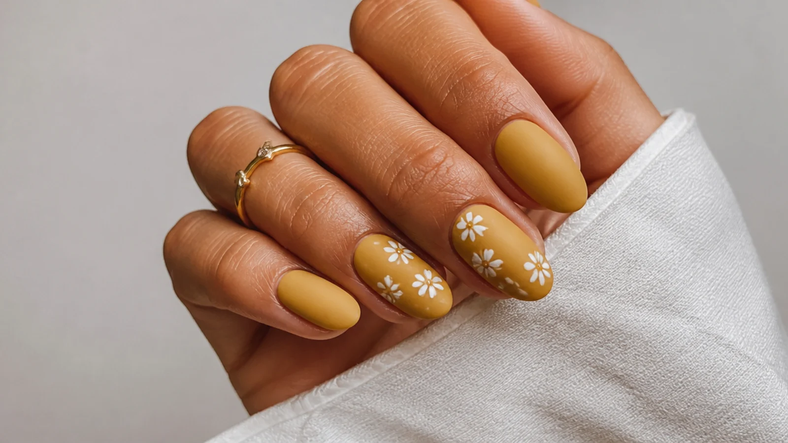 Warm matte mustard yellow nails on a short almond shape