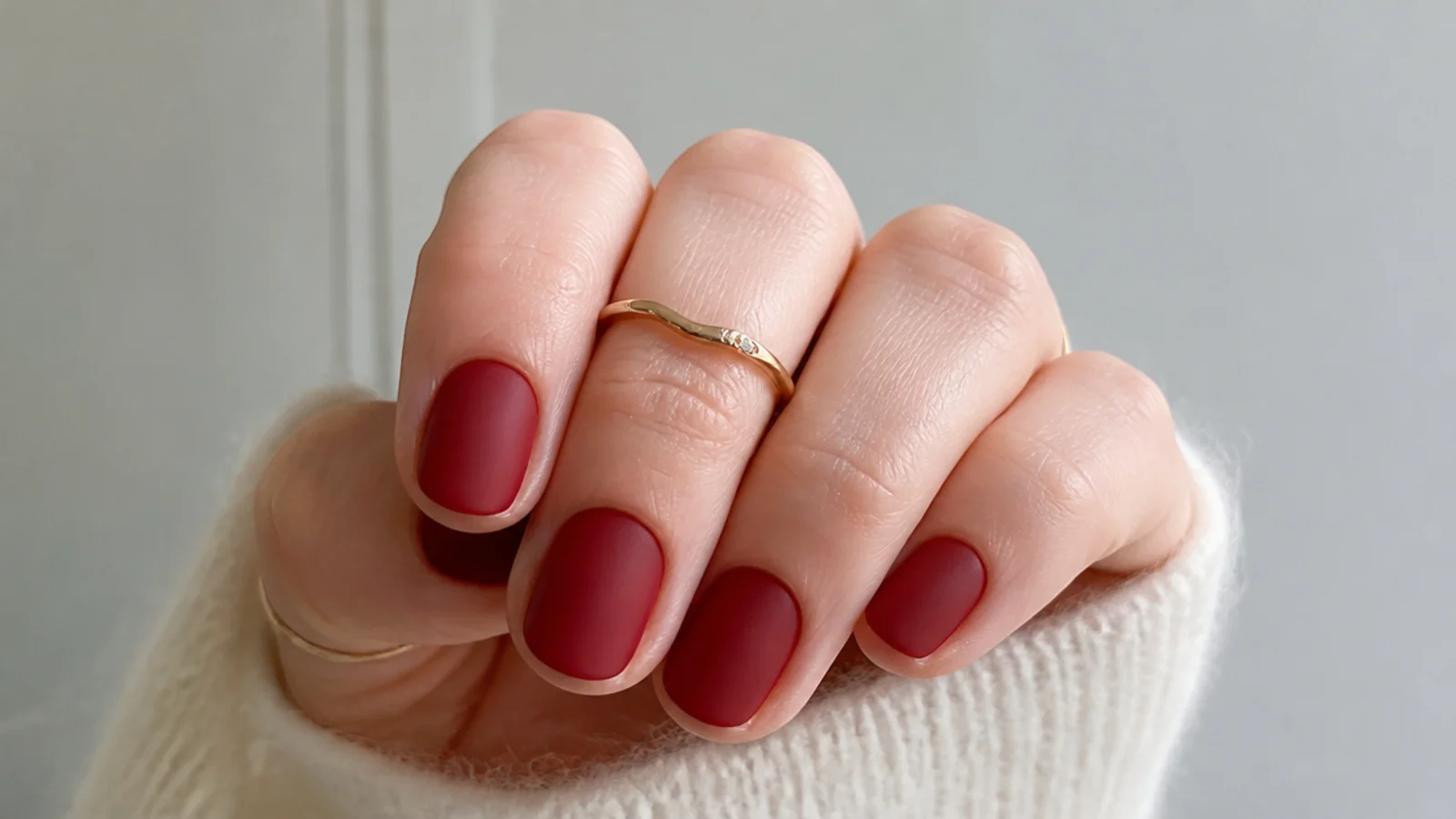Matte cranberry red nails on a short round shape