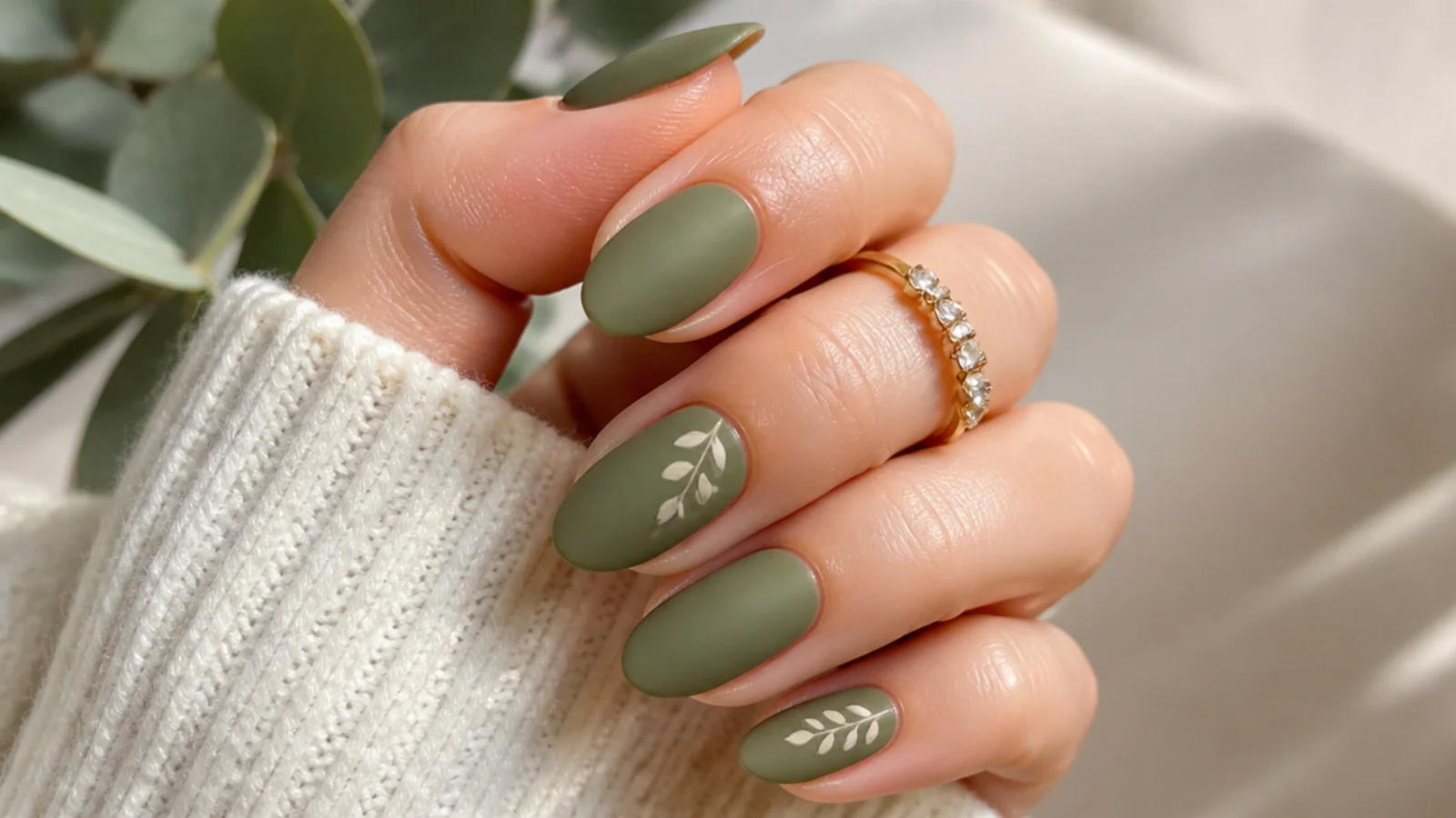 Soft matte olive green nails on an almond shape