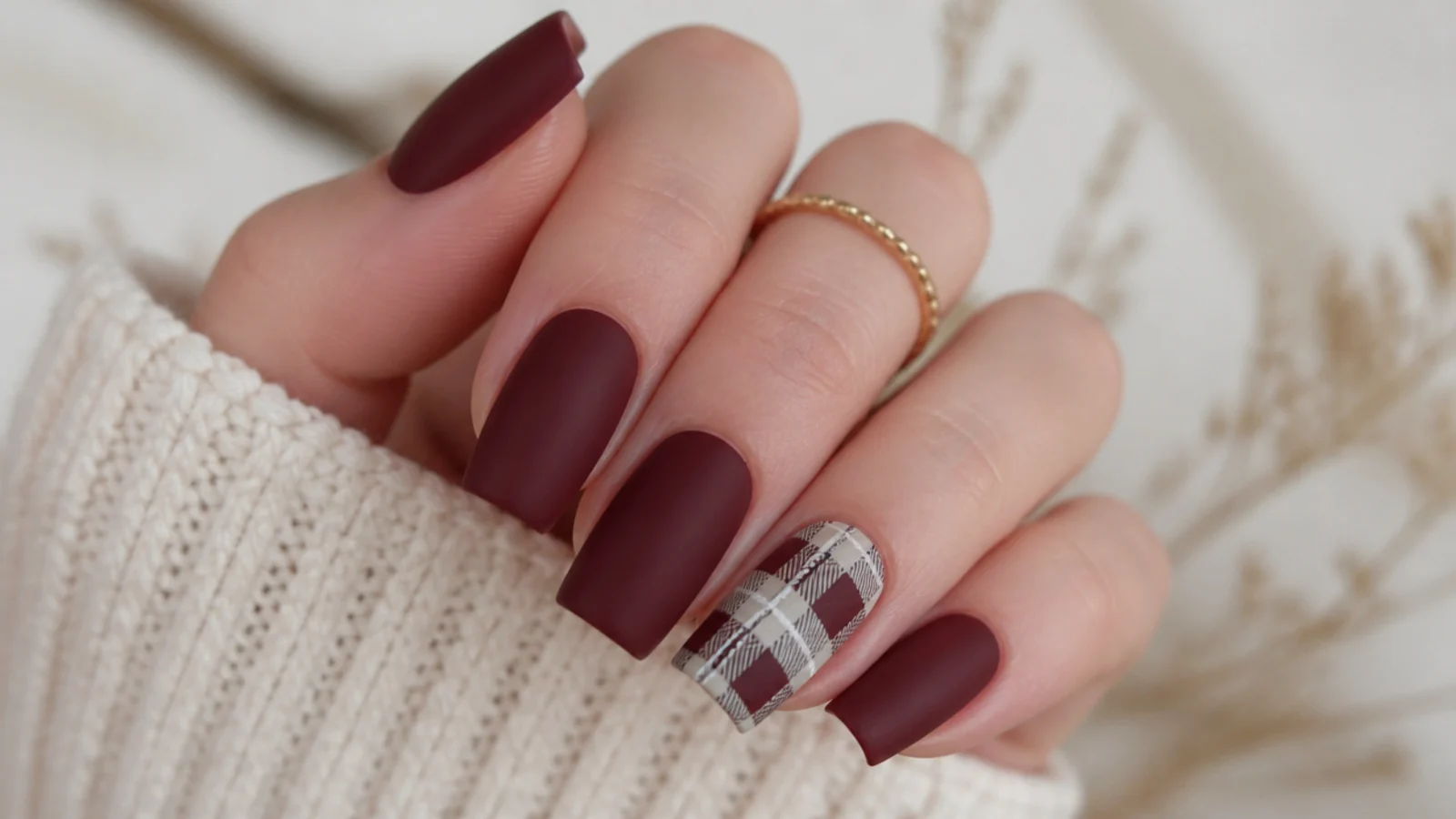Matte burgundy nails with one plaid accent nail on a squoval shape