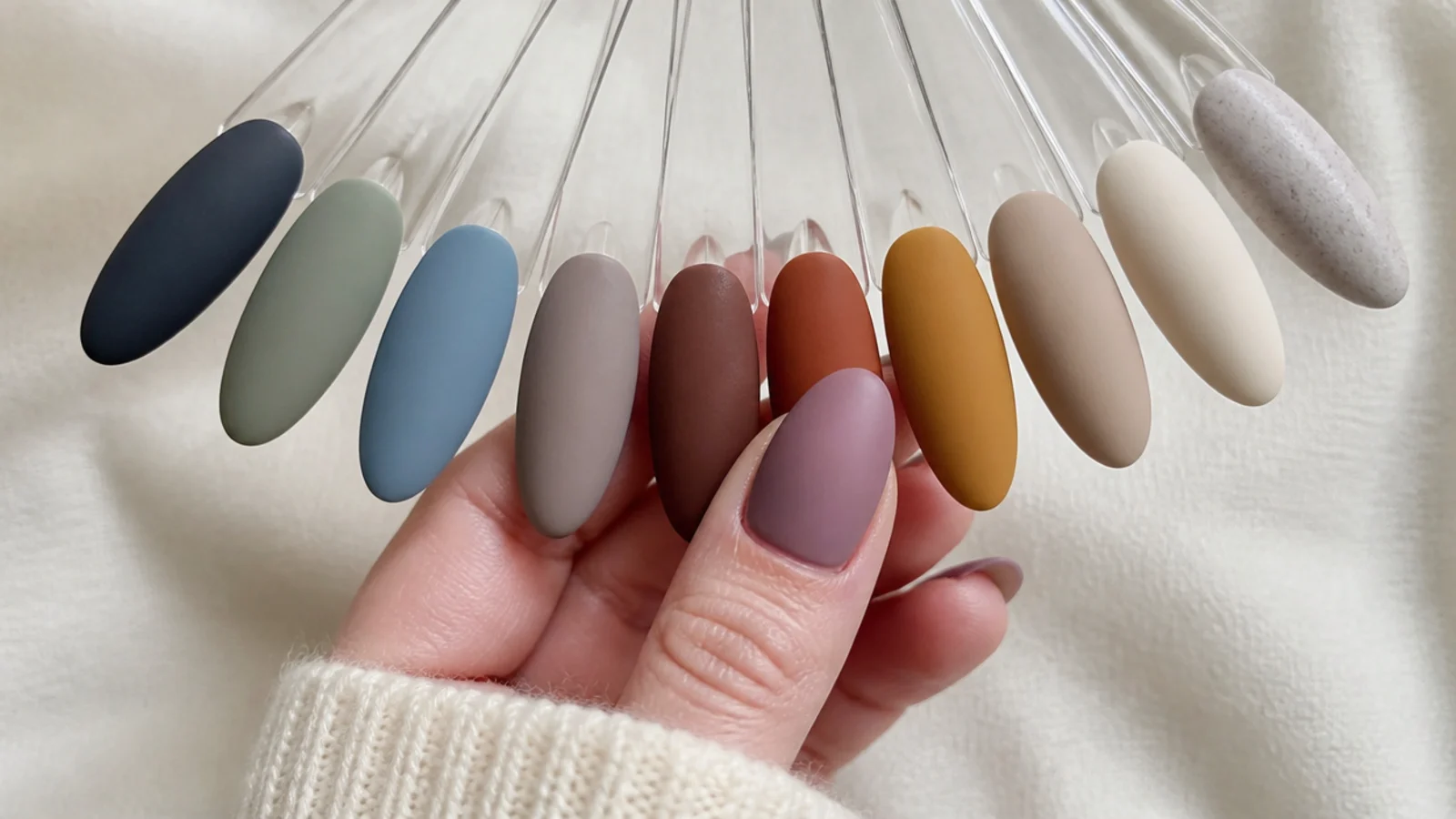 A fan of matte nail swatches in fall and other seasonal shades