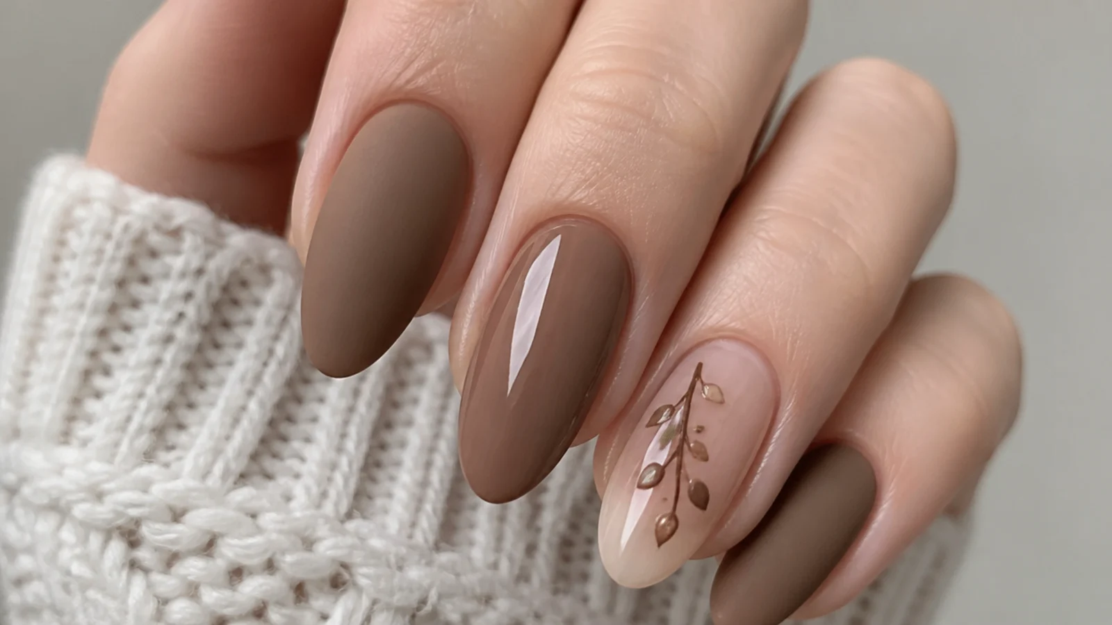 One matte nail beside one glossy nail in the same fall shade for comparison