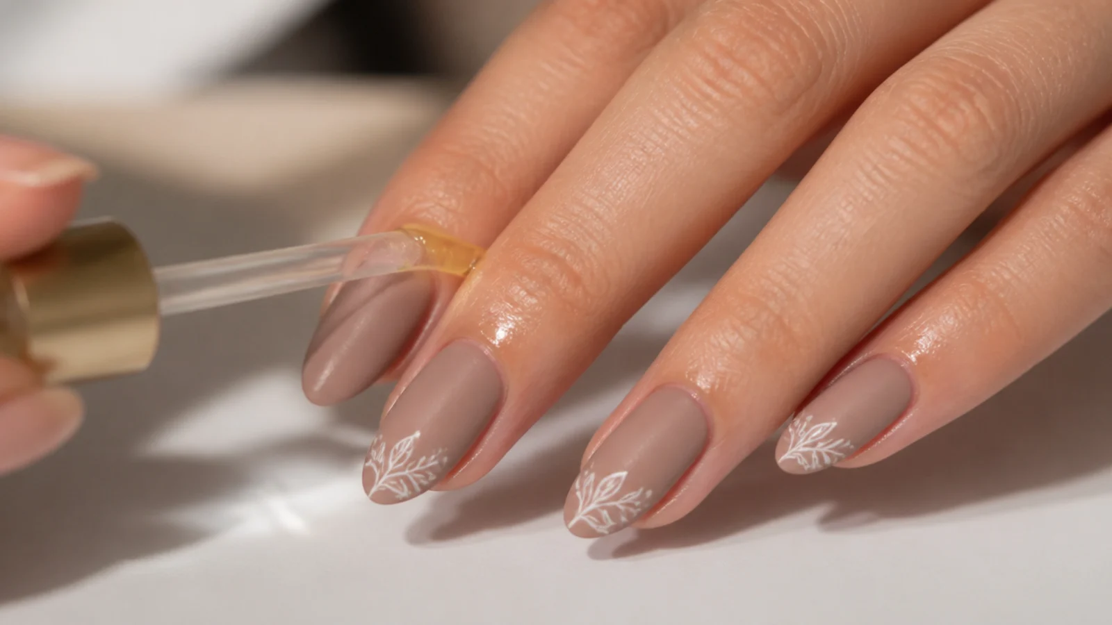 Cuticle oil being applied around the nail, not across the matte surface