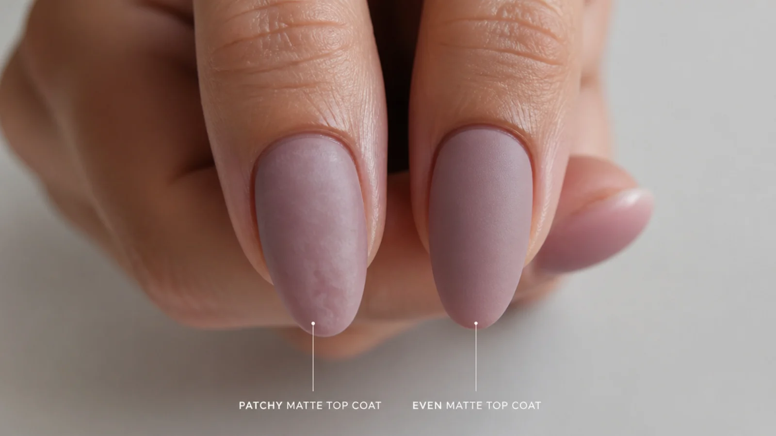 A shiny patchy matte nail next to an even velvety one for comparison