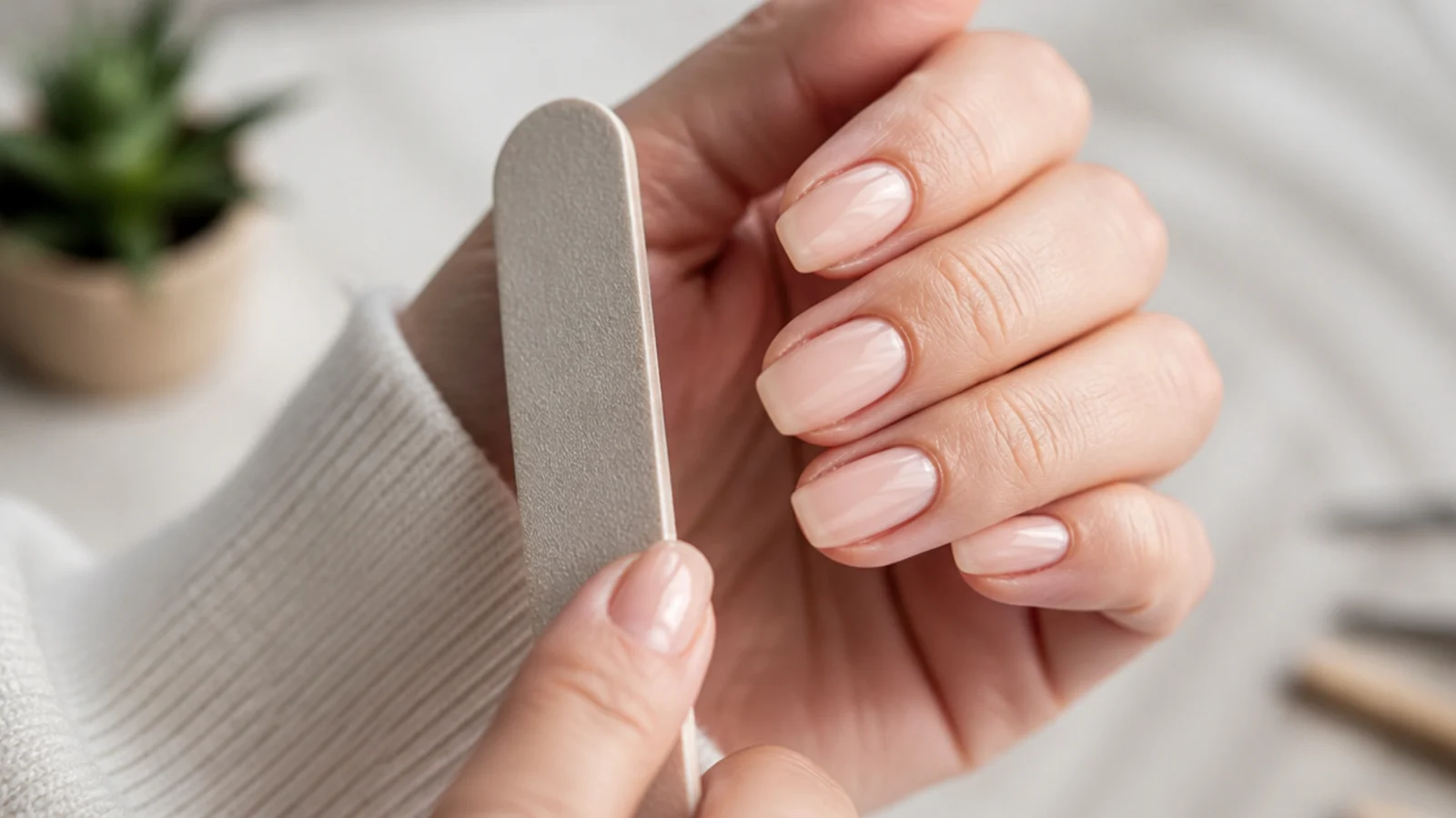 Nails being shaped and buffed clean in preparation for color