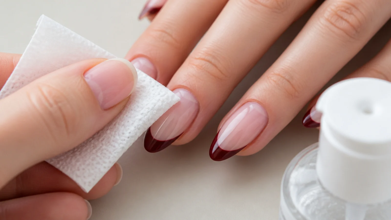 A nail being wiped clean with a lint-free wipe and cleanser