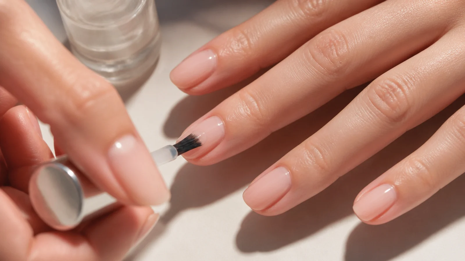 A thin base coat being applied to a prepped nail