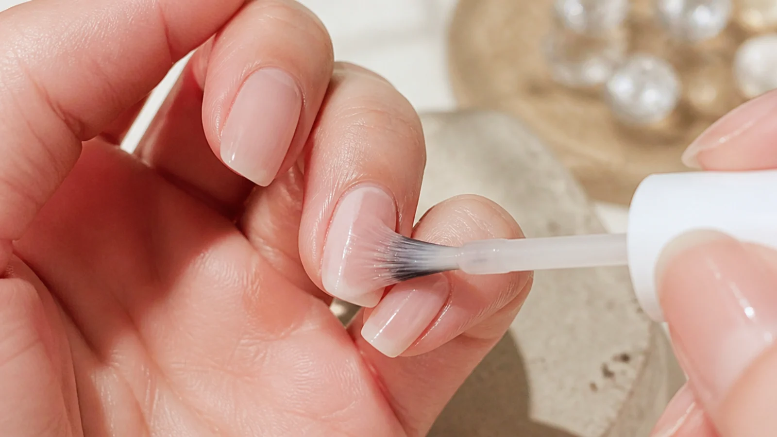 A first thin coat of color being painted evenly across the nail