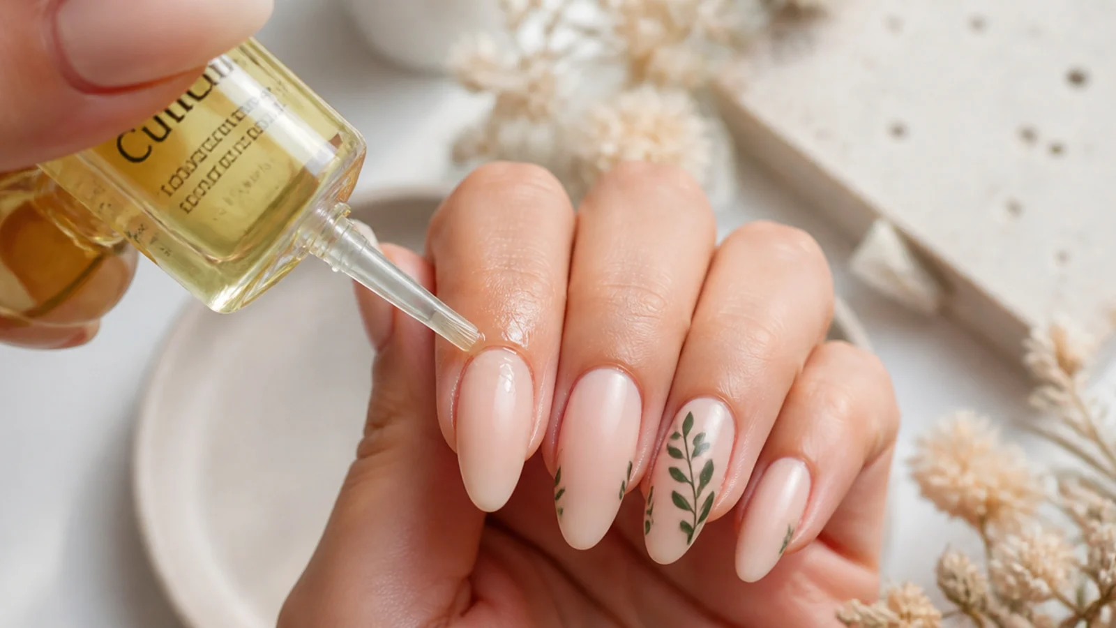 Cuticle oil being applied around the cuticle, not across the matte nail