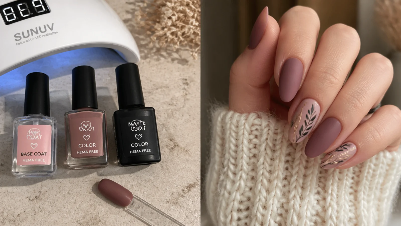 Matte manicure supplies laid out - base coat, color, matte top coat and lamp