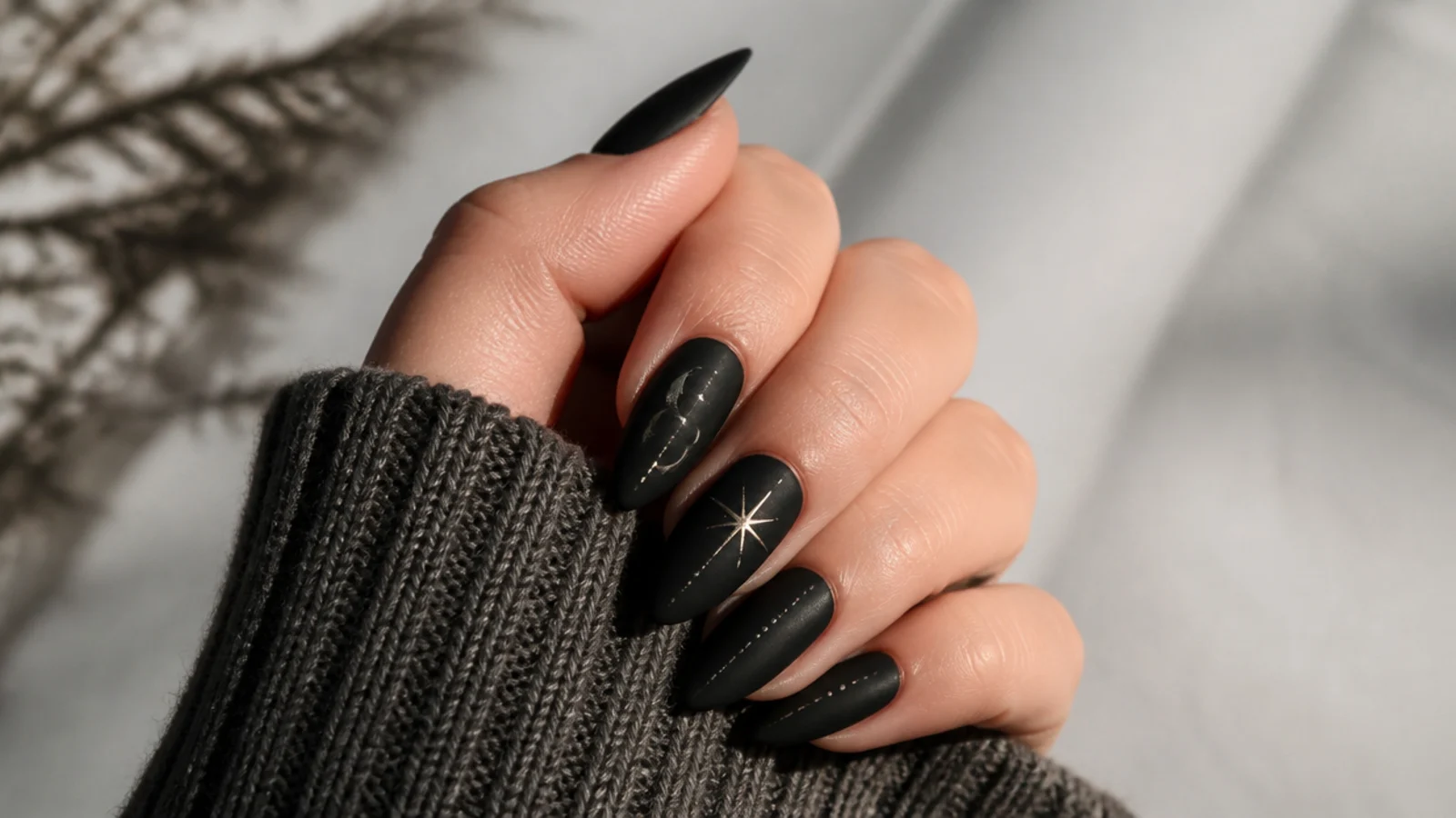Matte black nails on a long almond shape
