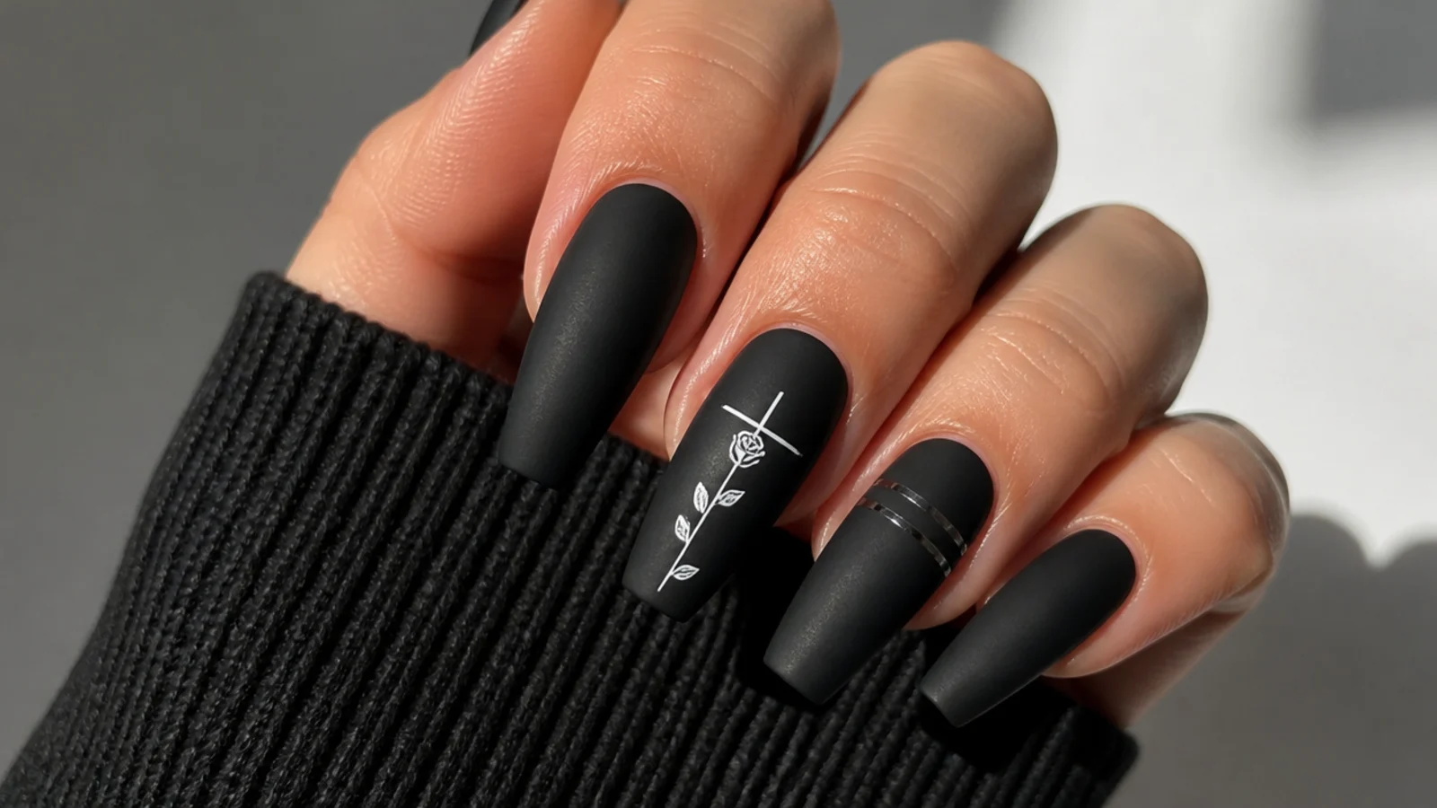 Long matte black coffin nails with straight tapered sides