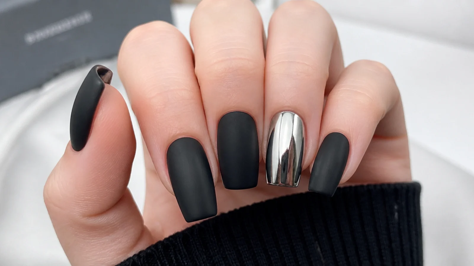 Matte black nails with one silver chrome mirror accent nail