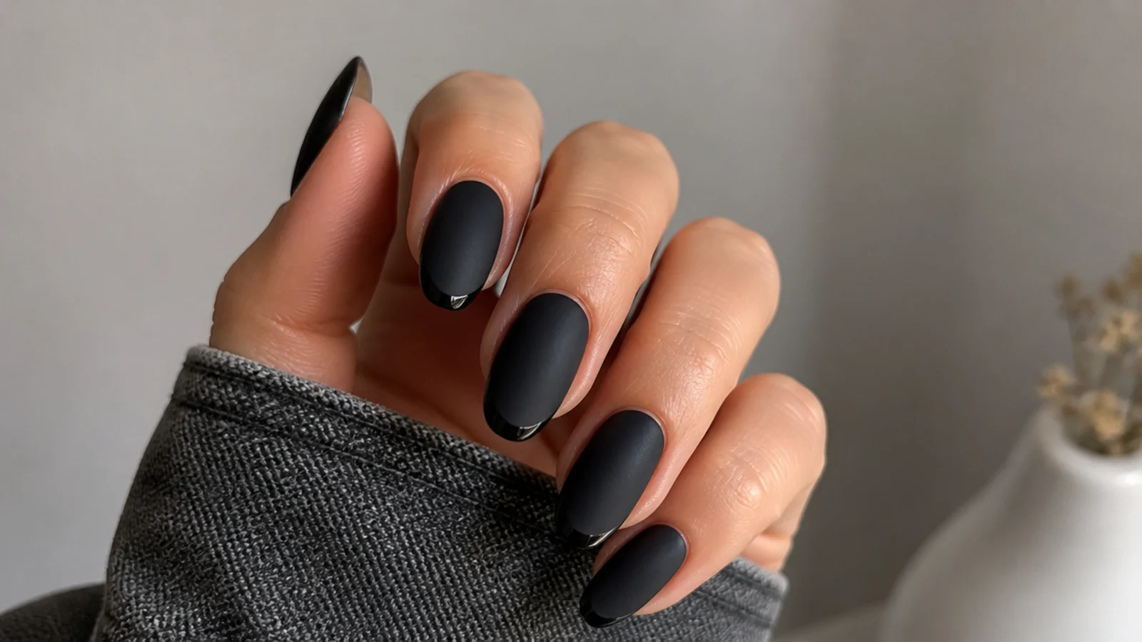 Matte black nails with a thin glossy black French tip
