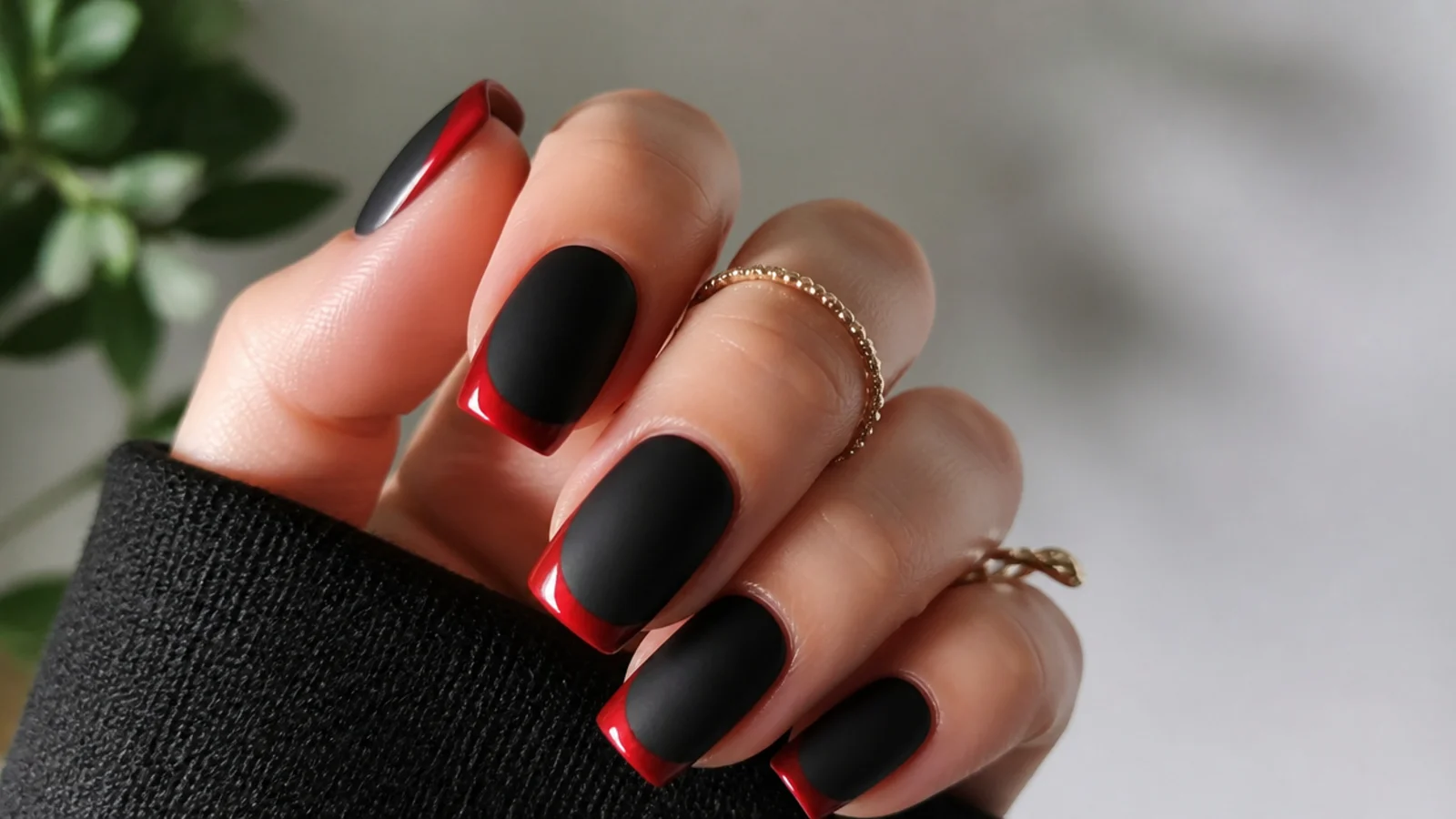 Matte black nails with glossy red French tips