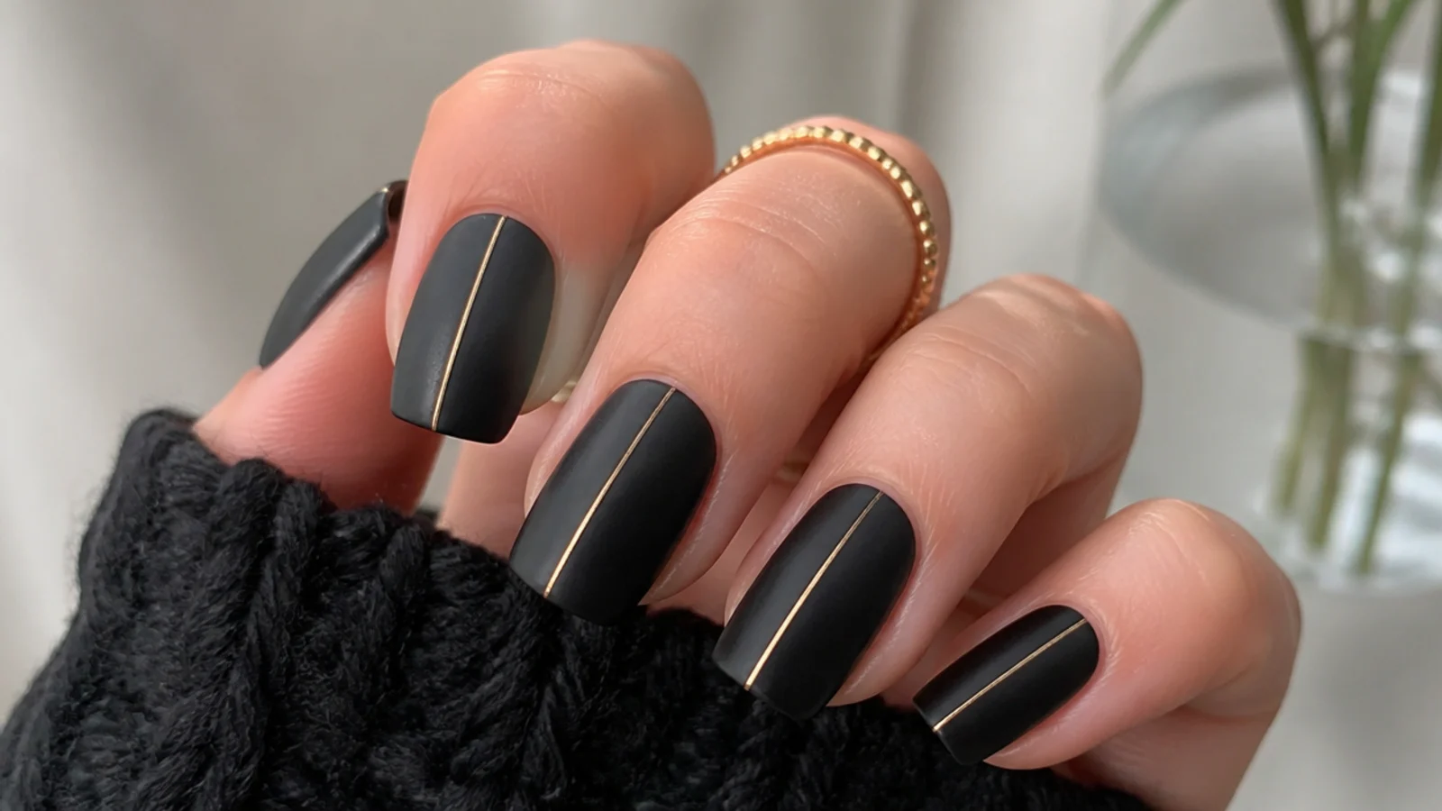 Matte black nails with a thin gold striping line down the center