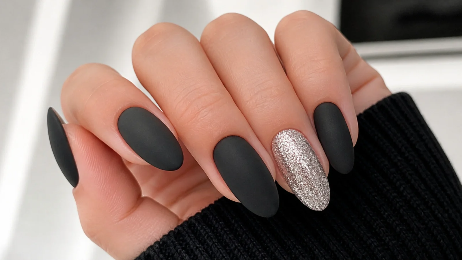 Matte black nails with a silver glitter accent nail