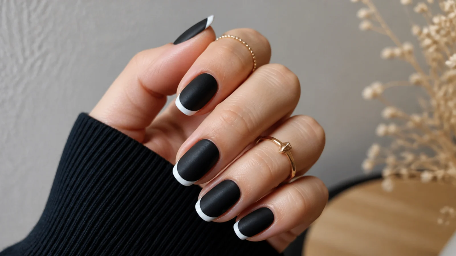 Matte black nails with crisp white French tips