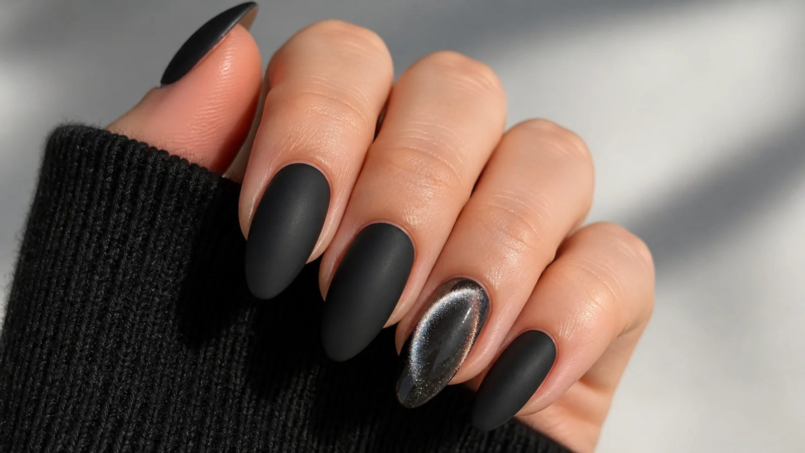 Matte black nails with a shimmering cat eye magnetic accent nail