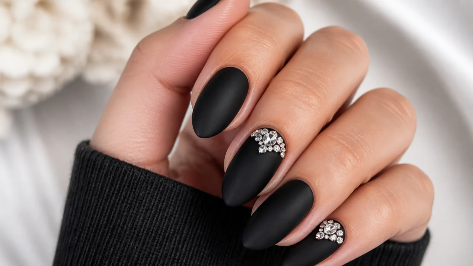 Matte black nails with clear rhinestone cluster accents