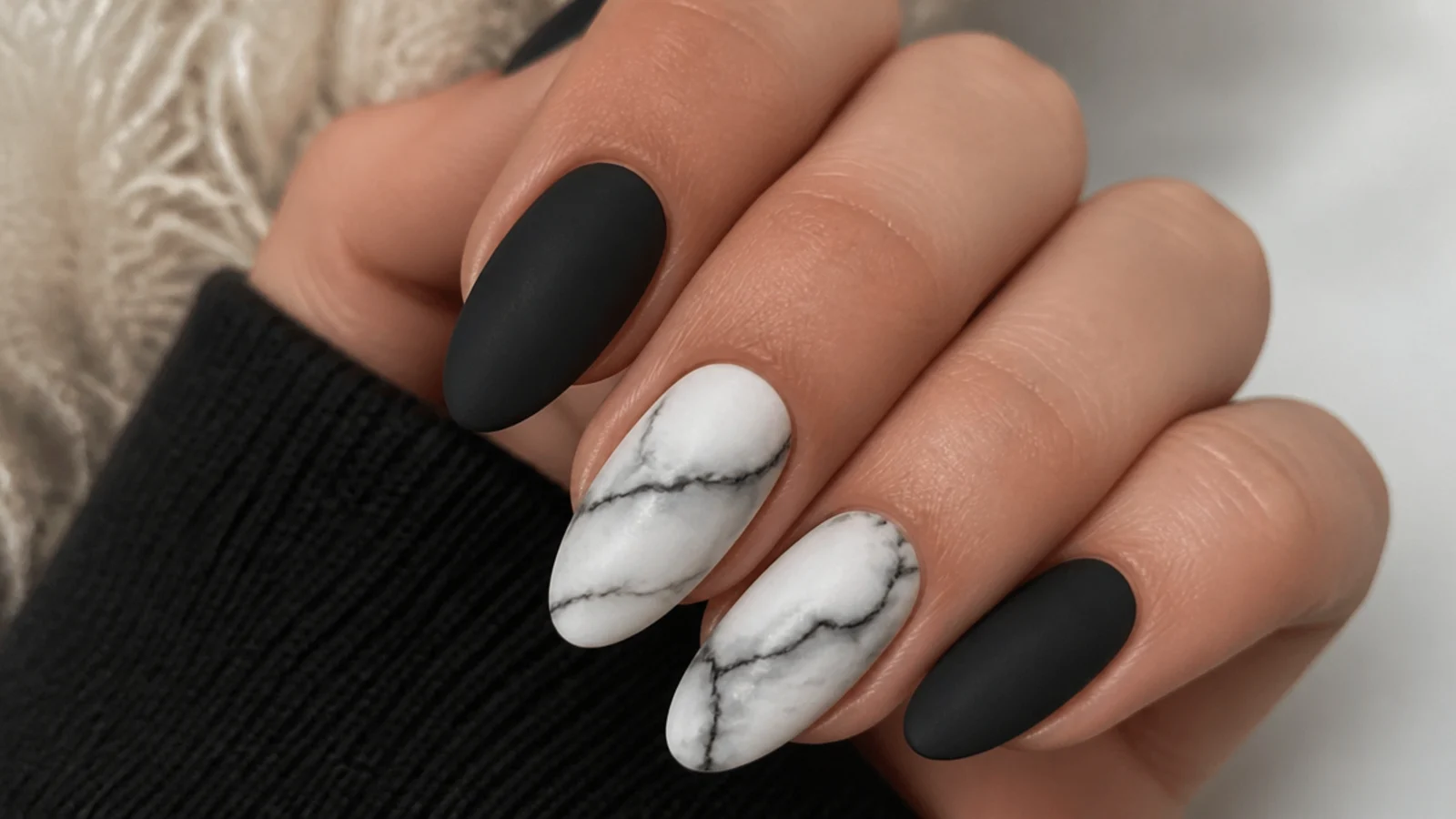 Matte black and white marble nails with smoky veining