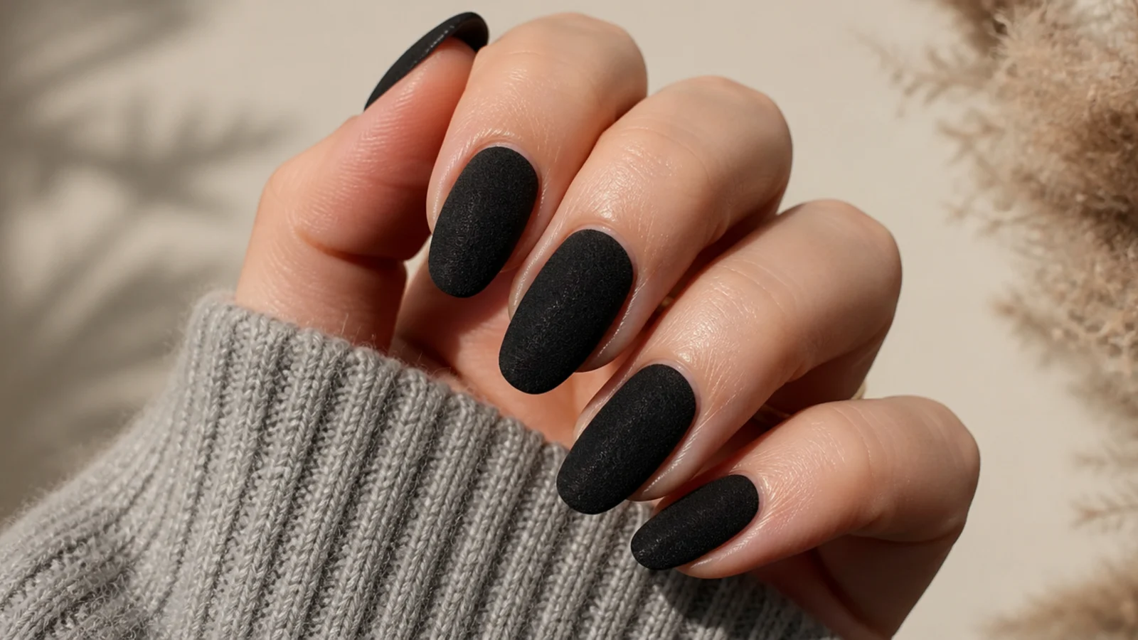 Matte black nails with a soft flocked velvet powder finish