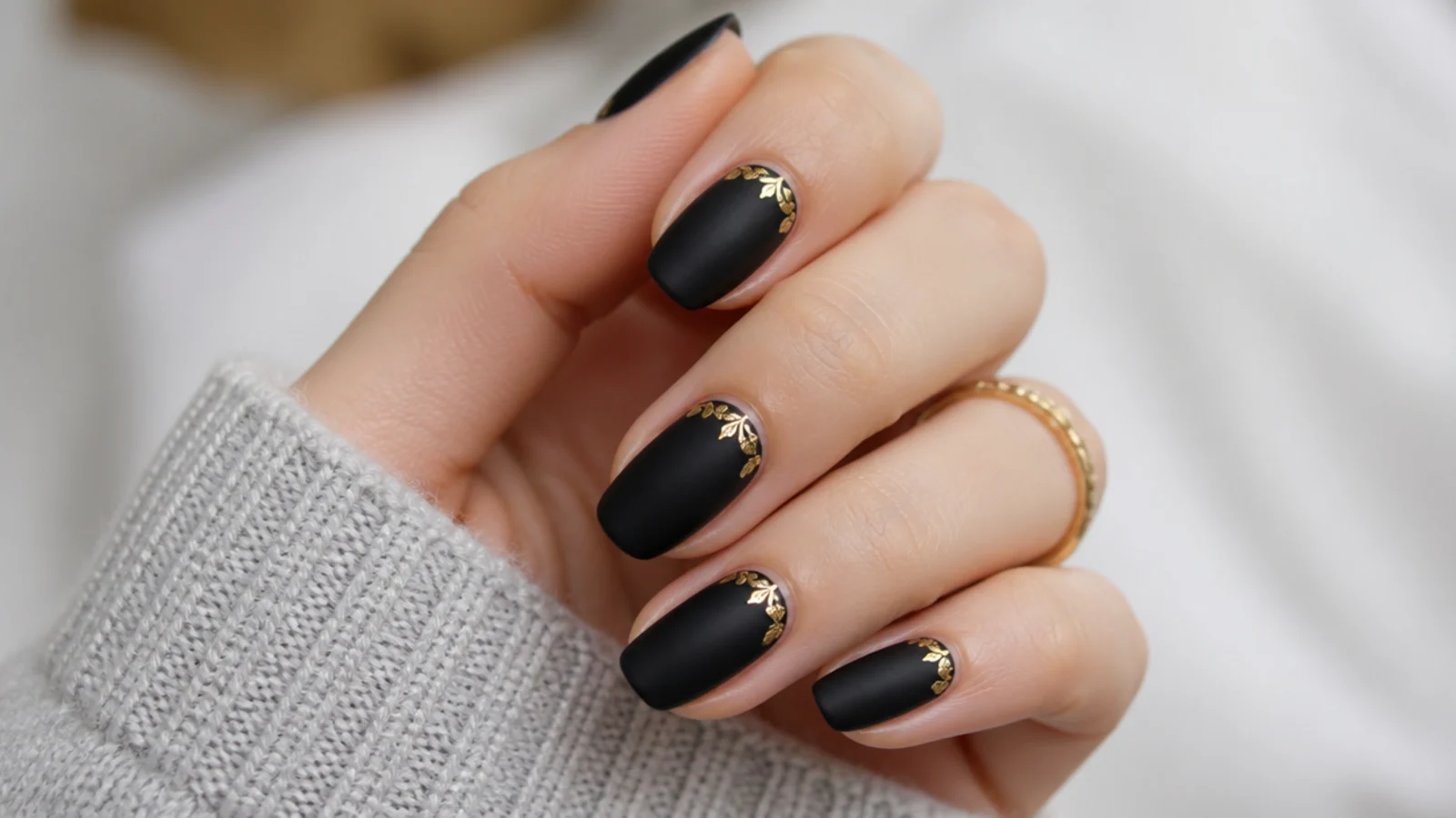Matte black nails with a gold leaf half-moon at the cuticle